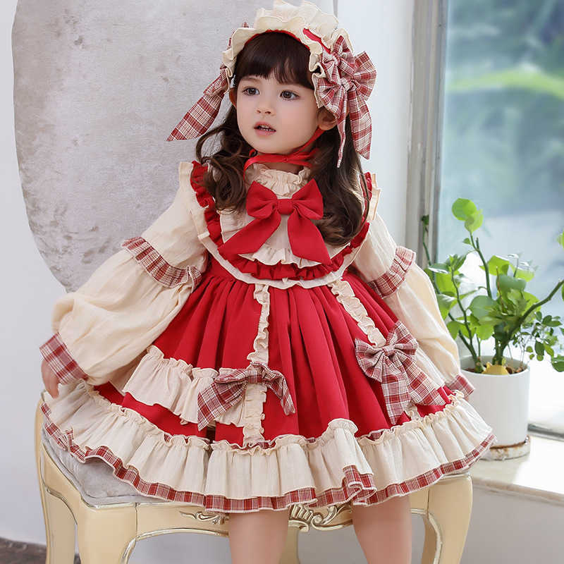Spring Dresses For Kids Girl 2021 Baby Little Girls Long Sleeve Red Vintage Lolita Princess Dress Clothes For Birthday Party Q0716