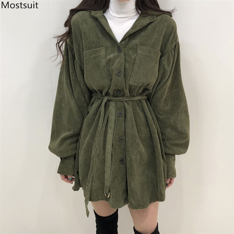 Autumn Winter Women Long Sleeve Corduroy Shirt Dress Korean Loose Buttons Up Sashes Pockets Fashion Dresses Green Black 210518
Autumn Winter Women Long Sleeve Corduroy Shirt Dress Korean Loose Buttons Up Sashes Pockets Fashion Dresses Green Black 210518