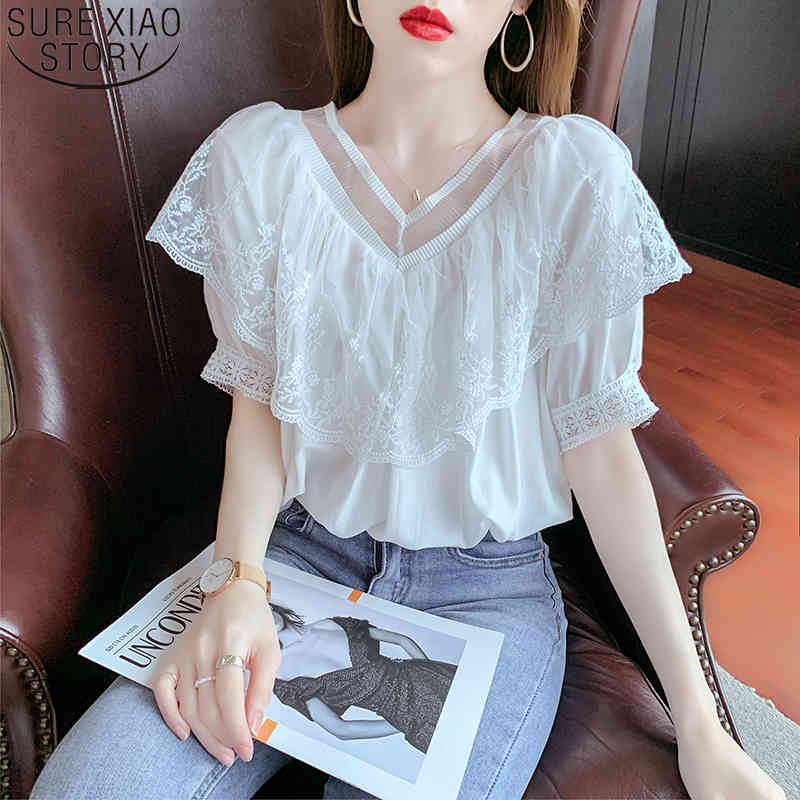 Front and Back Two Wear Summer Sweet Blouse V-neck Temperament Loose Ruffled Lace Short Sleeve Blouses Women 14288 210506