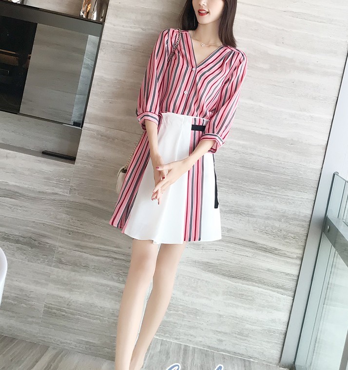 Women 2 Piece Set Spring chiffon Striped Blouse Shirts+High Waist Button Mini Skirts 2 Pieces Clothing Suits 210519