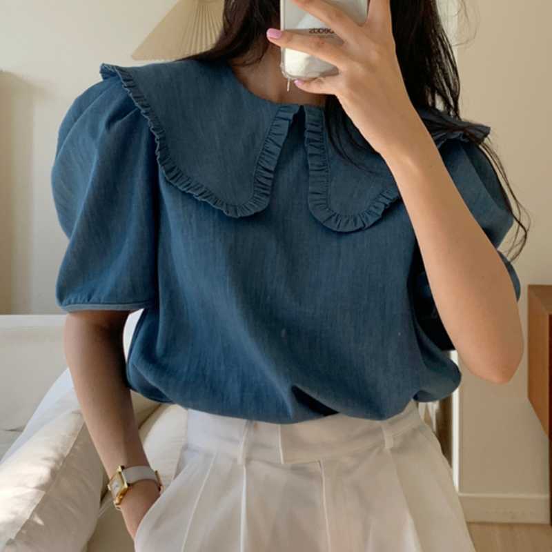 Causal Puff Sleeve Jeans Blouse Sweet Korean Peter Pan Collar Women Shirts Summer Demin Top Blusas 6J265 210603