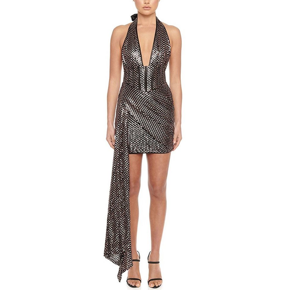 Free Women's Sequined Dress Sleeveless V-neck Halter Sexy Irregular Bodycon Nightclub Vestido 210524