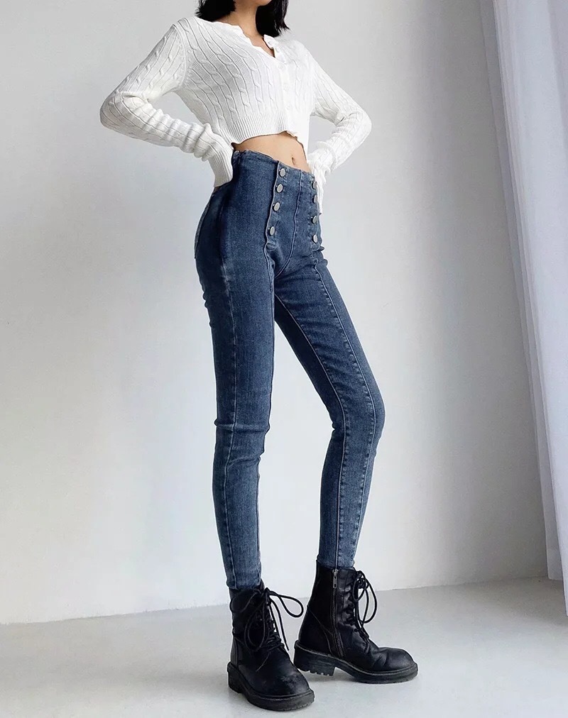 Skinny Double-breasted Four Buttons High Waist Pencil Jeans Women Slim Fit Stretch Denim Pants Full Length Tight Trousers 210429