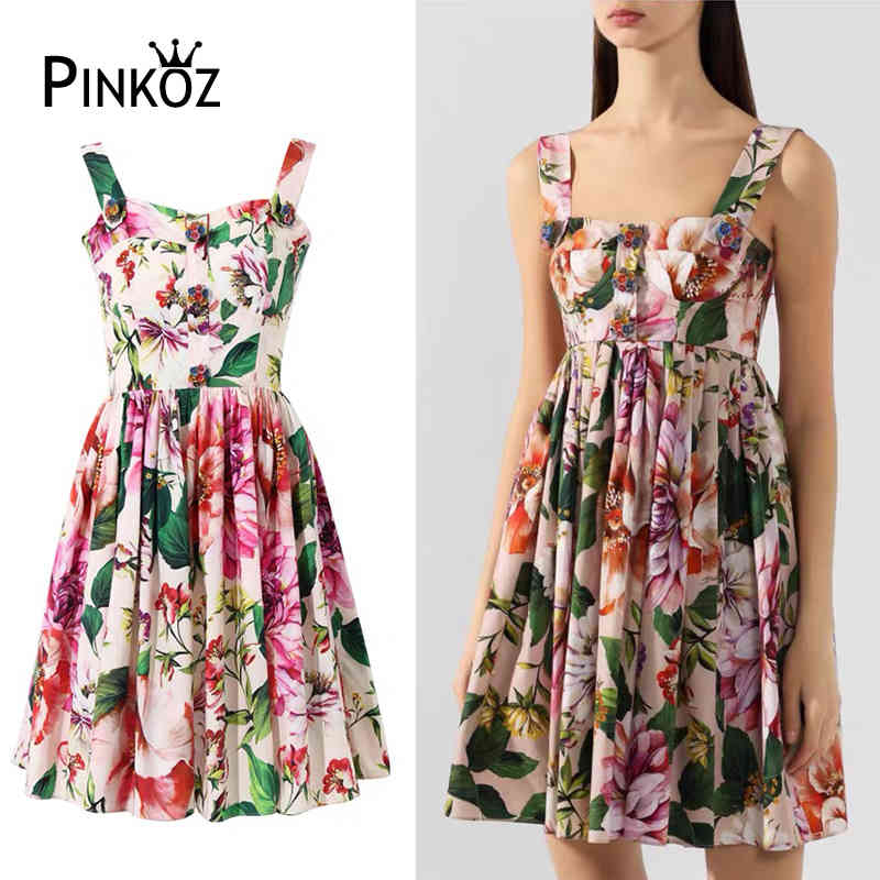 Runway Style Summer Cotton Spaghetti Strap Dress Women's luxury Button Flower Print Sexy Party Short Mini Dresses Robe 210421