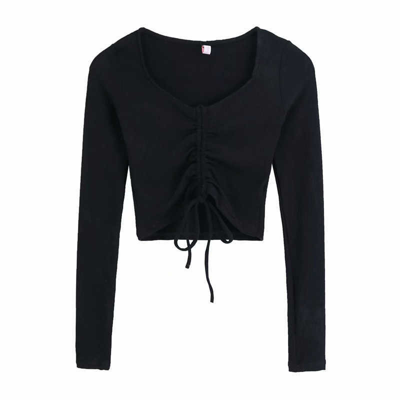 Sexy Women Sweet V-Neck Short Shirts Fashion Ladies Drawsting Knitted Tops Elegant Female Chic Solid Blouses 210527