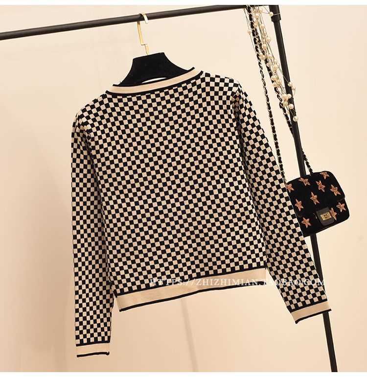 Autumn Suit Outfits for Women 2 Piece Set O-Neck Plaid Cardigan Wide Leg Pants Fashion Knitted Two Ropa Mujer 210930