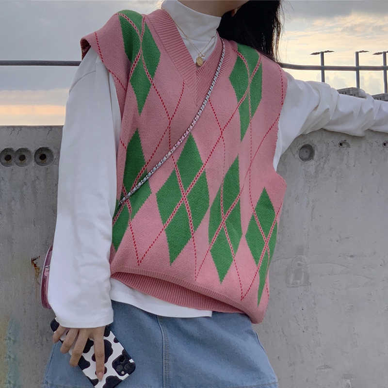 SURMIITRO Spring Autumn Loose Knitted Sweater Vest Women Pink Green Plaid Sleeveless Waistcoat Female Korean Style Tops 210712 - view 5