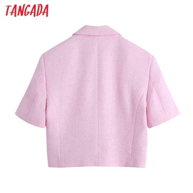 Women Double Breasted Tweed Cropped Blazer Coat Vintage Long Sleeve Female Outerwear Chic Veste Femme BE522 210416