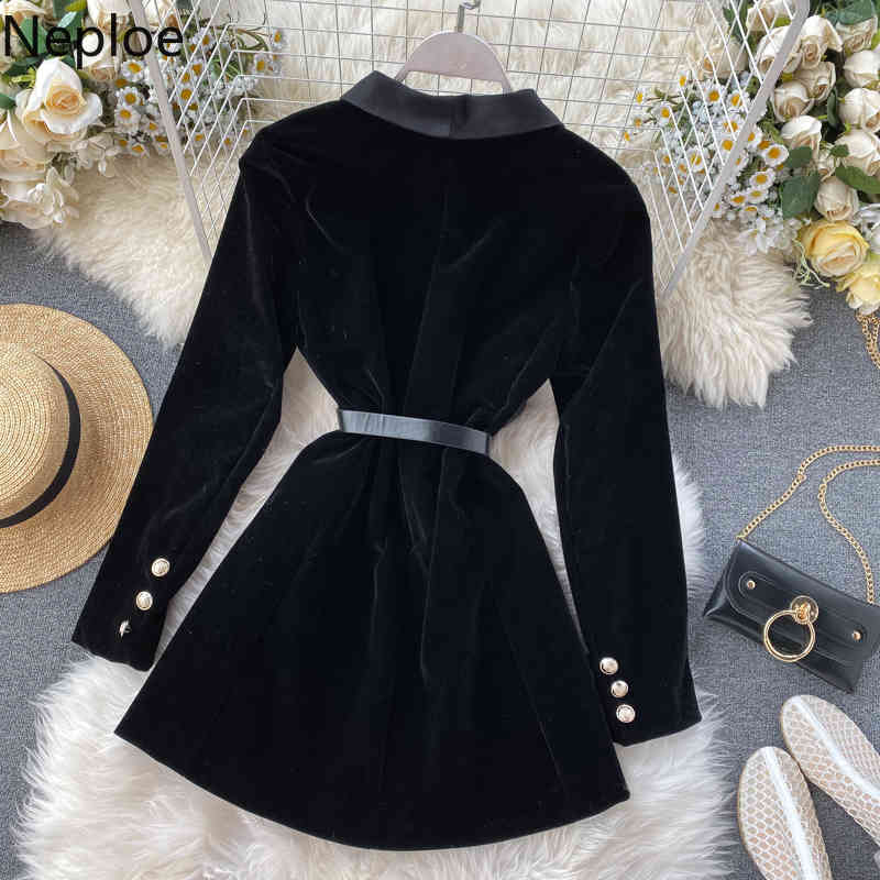 Neploe Velvet Eleganr Women Jacket Black Double Breasted Elegant Black Mujer Chaqueta Spring Clothes with Belt Femme Coat 210422