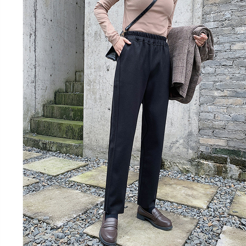 OL Casual High Waist Straight Pants Women Bottoms Autumn Winter Woolen Solid Thick Warm Loose Trousers 210421