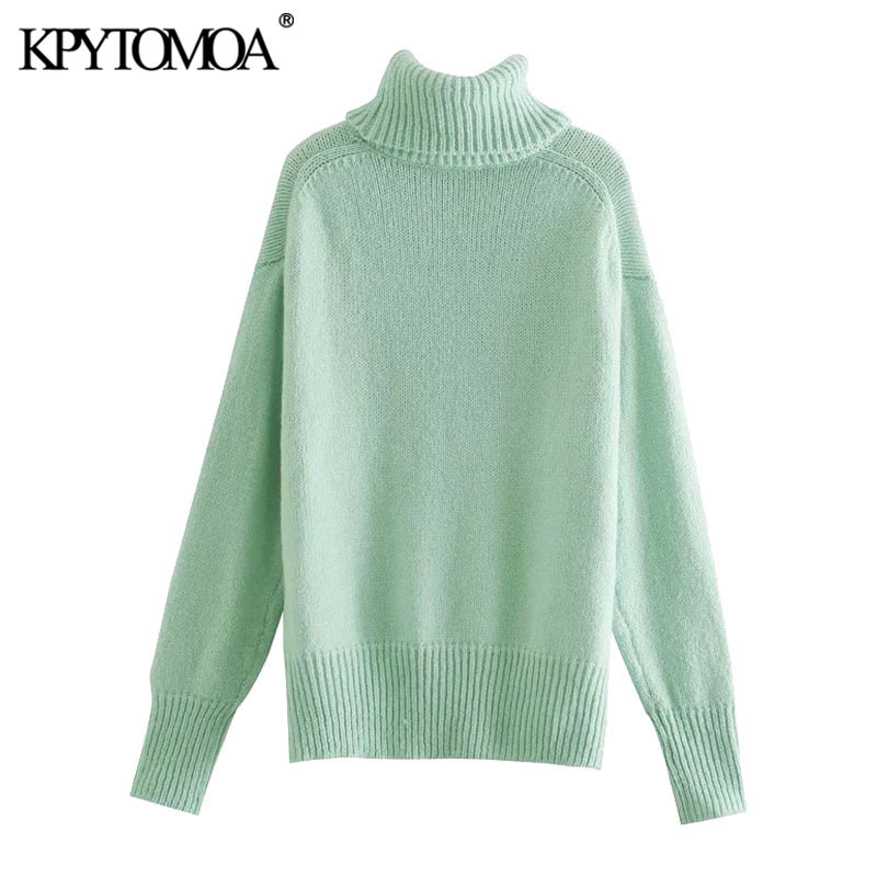 Women Fashion Soft Touch Loose Knitted Sweater High Neck Long Sleeve Female Pullovers Chic Tops 210420