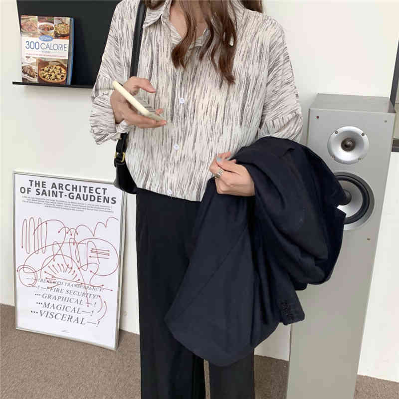 Green Full Sleeves Office Lady Striped Tops OL Casual Summer Brief Printed Lapel Vintage Outwear Femme Shirts 210421