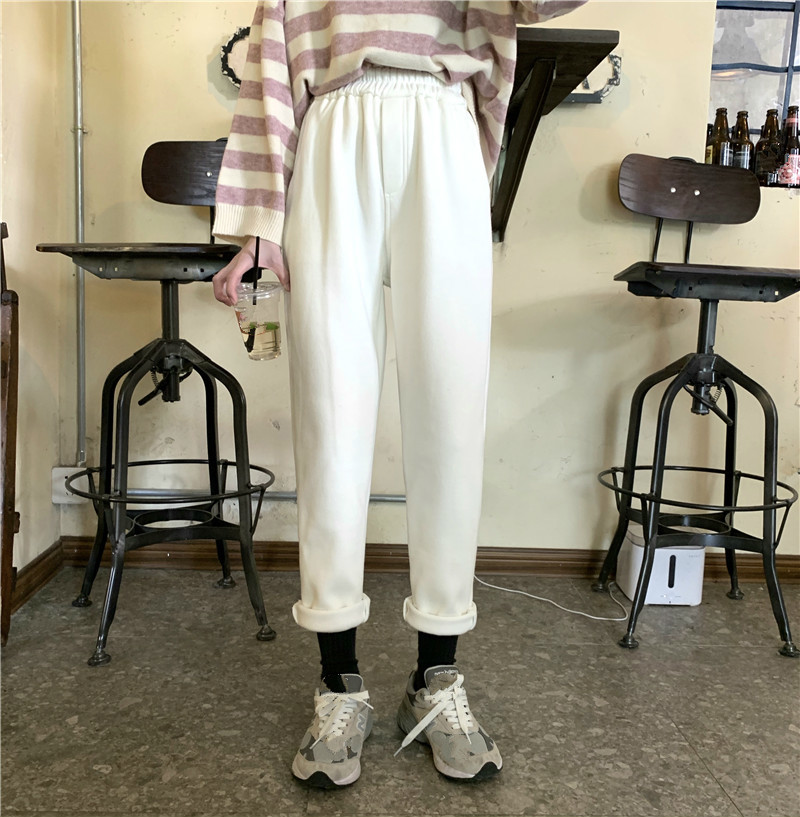 Nomikuma Autumn New Women Pants Plus Velet Causal Stretch High Waist Trousers Femme Korean Solid Long Thicken Pants 6C796 210427