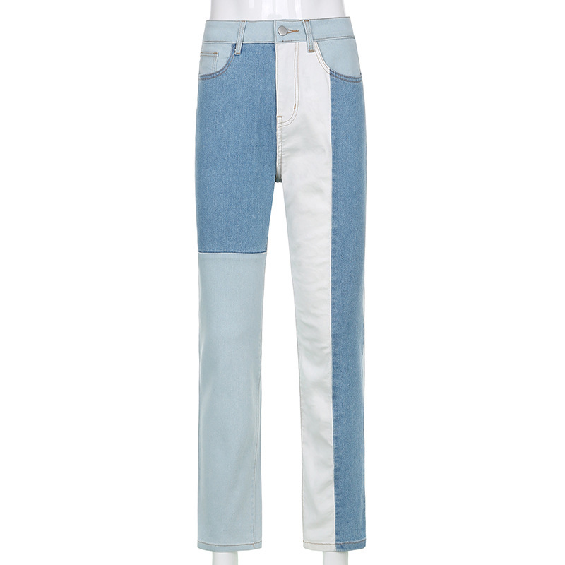 women Jeans Fashion Women patchwork denim pants High waist striaght long female trousers 210524