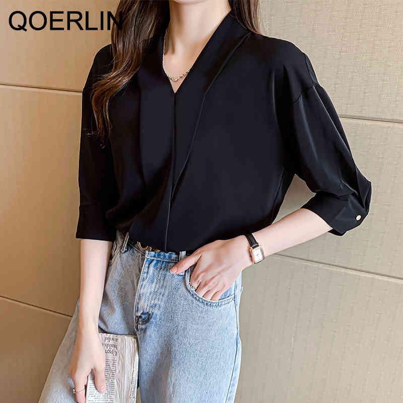 QOERLIN OL Style Formal Black Top Shirts Women Plus Size VNeck Chiffon Shirts Female Elegant Half Sleeve Fashion White Blouse 210412