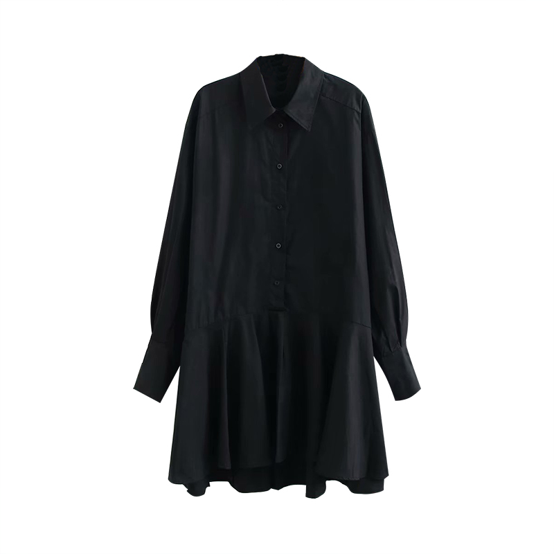 Women White Shirt Mini Dress Turn Down Collar Latern Long Sleeve Office Lady Pleated Cotton Casual Loose Vestidos 210515