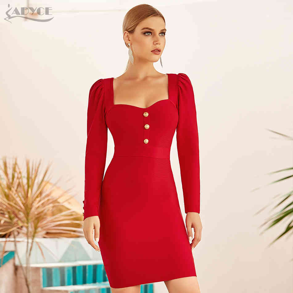 Winter Red Long Sleeve Bodycon Bandage Dress Women Sexy Strapless Mini Club Celebrity Evening Runway Party 210423