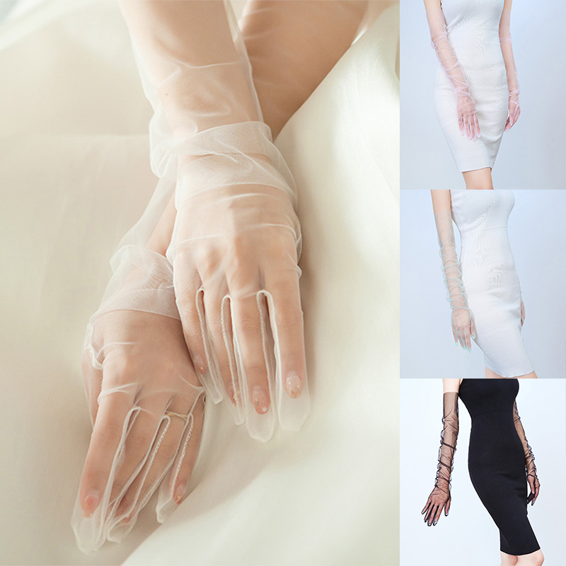 Long Sheer Tulle Gloves Wedding Bride Dress Gloves Fashion Solid Color Transparent Ultra Thin Mitten Bridal Elbow