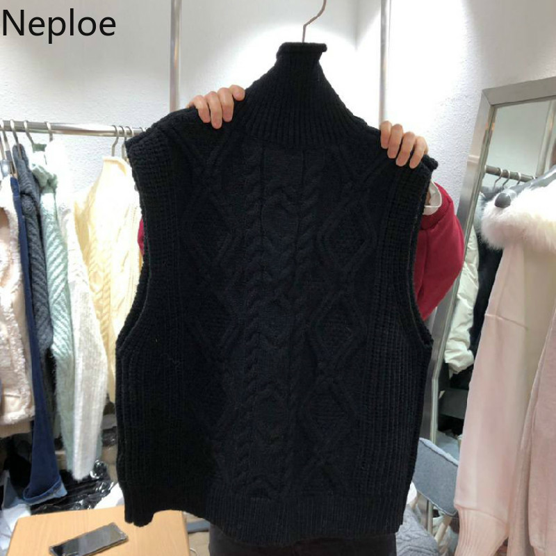 Neploe Temperament Turtleneck Knitwear Pullovers Vest Female Winter Clothes Solid Color Knitted Ribbes Waistcoat Women Tank Tops 210422