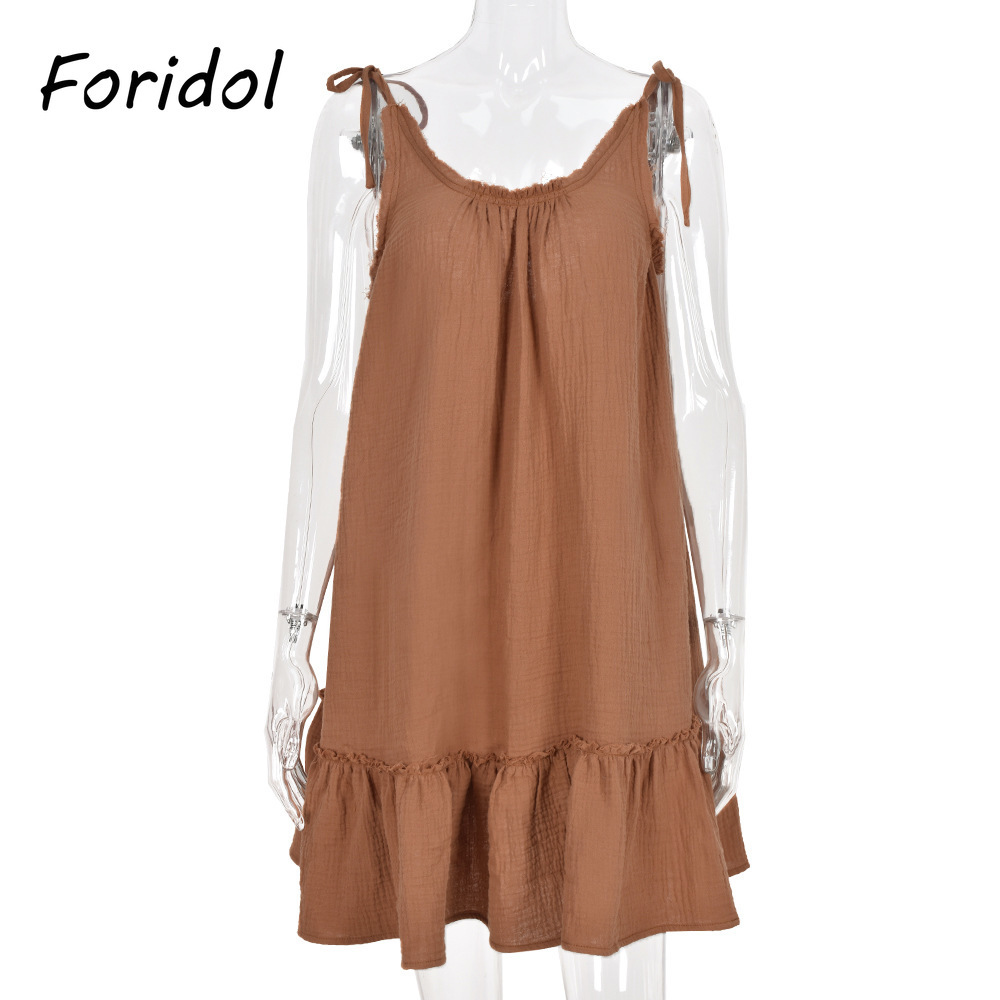 Foridol Casual Loose Summer Sun Dress Women Lace Up Shoulder Mini Dress White Black Beach Boho Dress Vestidos 210415