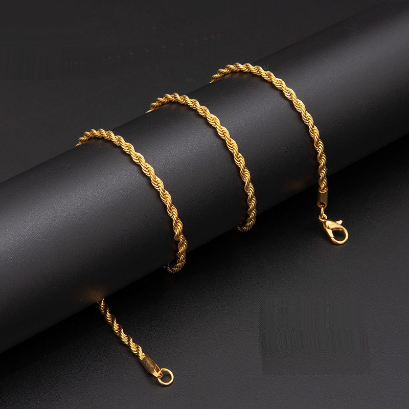 Hip Hop 18K Gold Plated Stainless Steel 3MM Twisted Rope Chain Choker Necklace for Men Hiphop Jewelry Gift in Bulk 2021