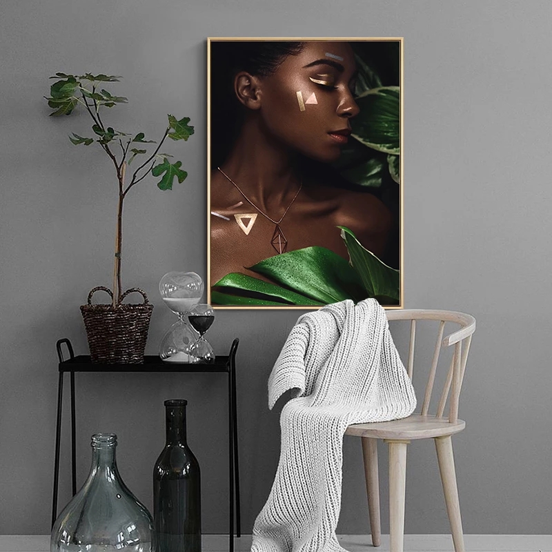 Gold Black Woman Green Leaf Canvas Painting Sexy Fashion Art Poster and Print Wall Picture Modern Home Living Room Decoration