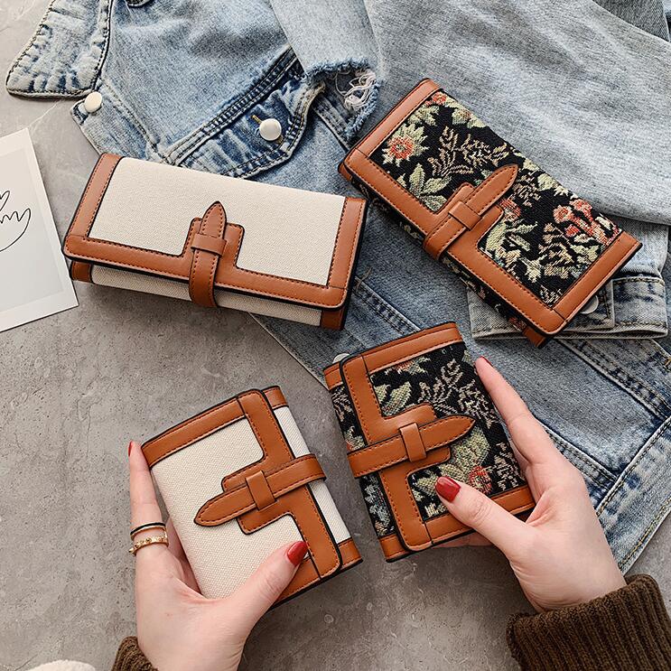 Factory outlet women handbag elegant canvas jacquard long wallet folding color matching leather wallets street fashion leathers short walletes 3246