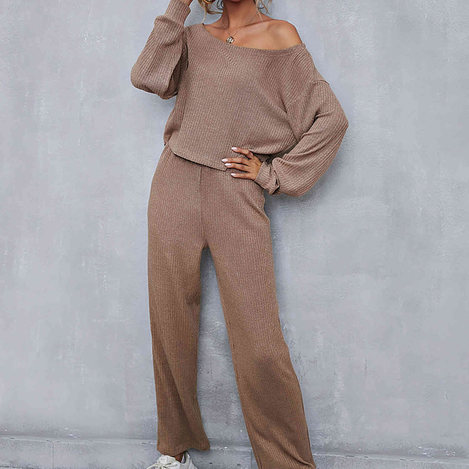women knitted suits Spring Autumn long sleeve O-neck pullovers +full straight pants female Casual knit track set 210524