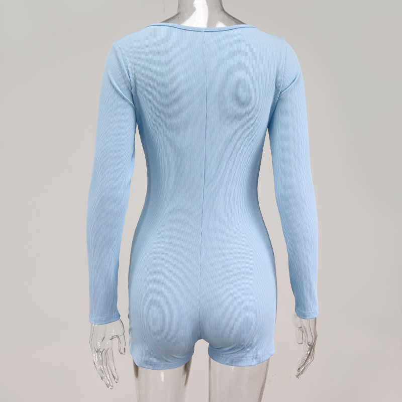 Colysmo Long Sleeve Playsuit Women Front Button Ribbed Casual Romper Autumn Short Jumpsuit Loungewear Blue Streetwear 210527