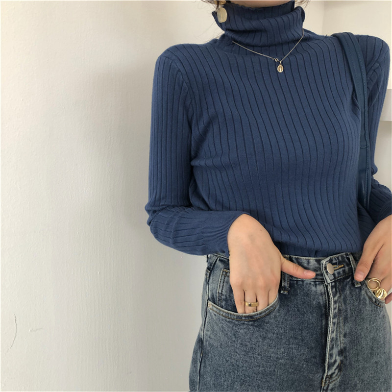Autumn Spring OL Minimalist Slim-fit Knitted Pullovers Women Sweaters Turtleneck Sweater Winter Bottoming Tops 210421