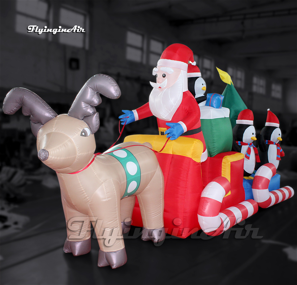 Customized Xmas Character Inflatable Santa Claus Delivering Gifts In A Sleigh Pulled By Reindeers For Christmas Eve Decoration