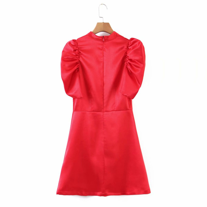 Vintage Woman Red Puff Sleeve Satin Dress Spring Elegant Ladies Party Mini Dresses Female Chic Christmas 210515