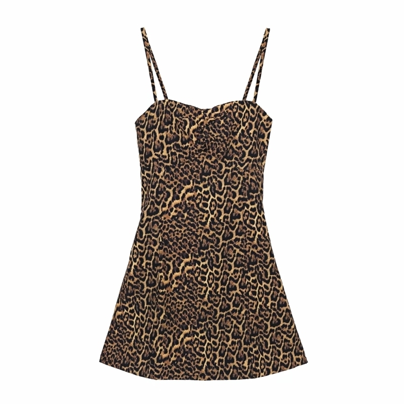 Women Leopard Print Backless Suspender Mini Dress Female Loose Clothes Casual Lady Vestido D6735 210430