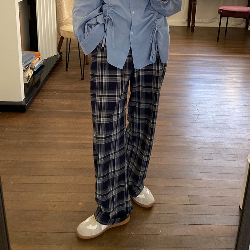 SML korean style plaid vintage straight trouser female spring autumn high waist long pants womens (F4207) 210423