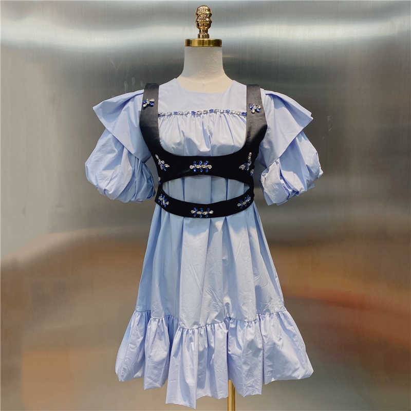 DEAT Women ruffles Dress Round Neck Short puff sleeve Arrivals Lady temperament Fashion Spring Summer 11D985 210709