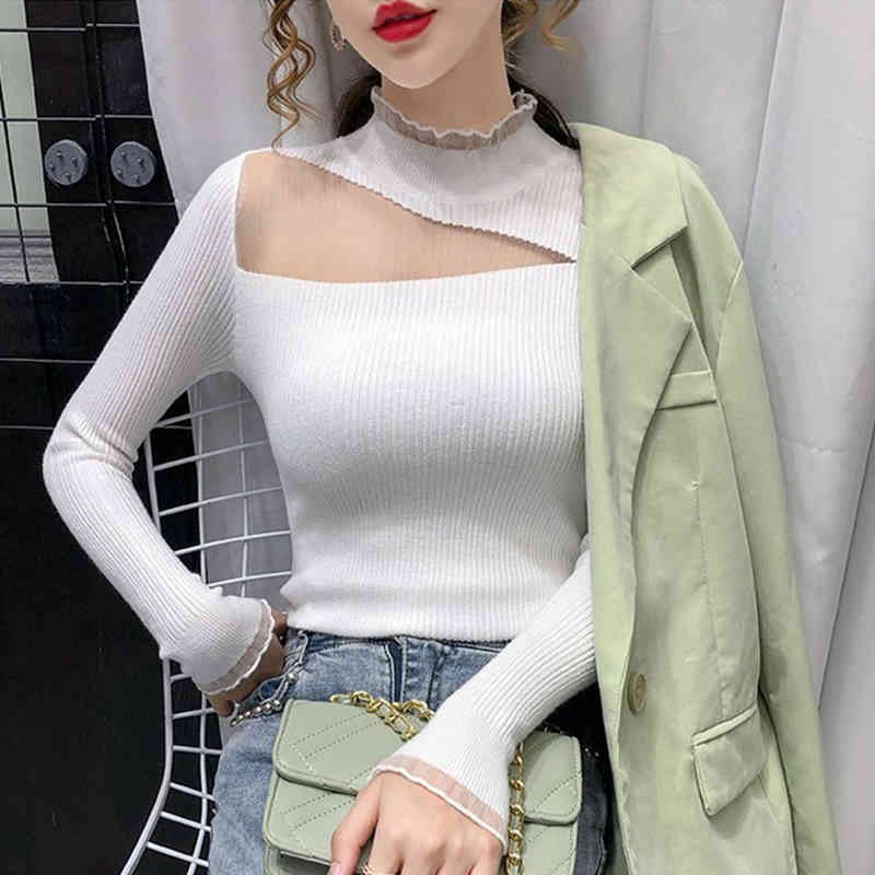 Long Sleeve Knitted Mesh Sexy Women Sweaters Autumn Korean Solid Vintage Sweater Jumper Sweter Damski 11589 210415