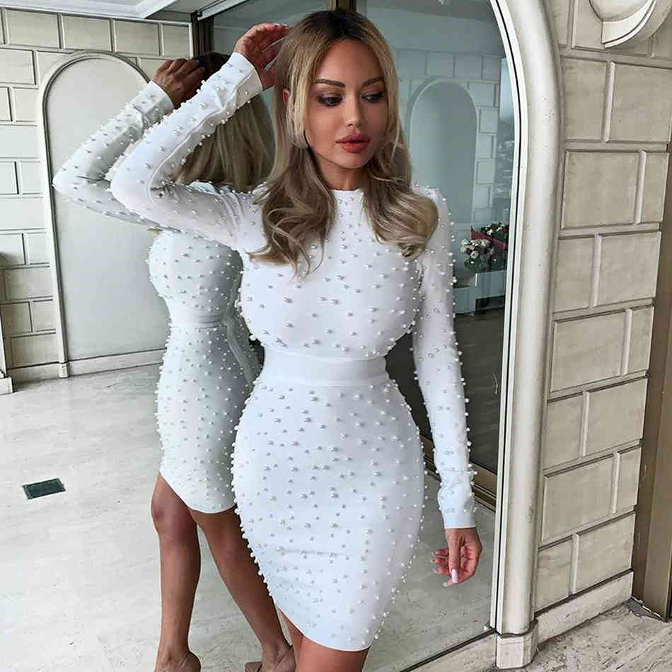 Free Autumn White Beaded Dresses Women O-neck Long Sleeve Sexy Bodycon Mini Dress Party Club Vestidos 210524
