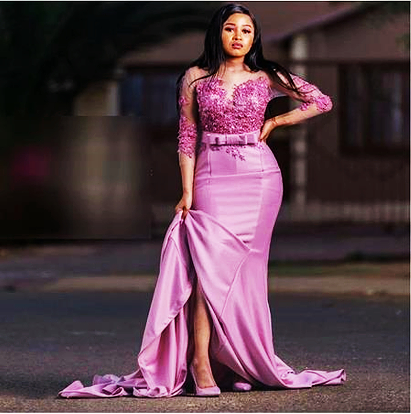 Elegant Lilac Mermaid Evening Dresses Long Sleeves Sheer Lace Appliques Sweep Train 2024 Satin Prom Dress With Bow Sash Chic Special Occasion Gowns