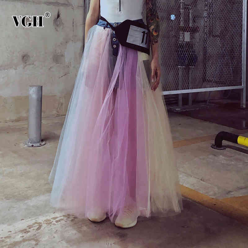 VGH Hit Color Ball Gown Skirt For Women High Waist Ruched Casual Maxi Skirts Female Fashion New Clothing Spring Stylish 210421