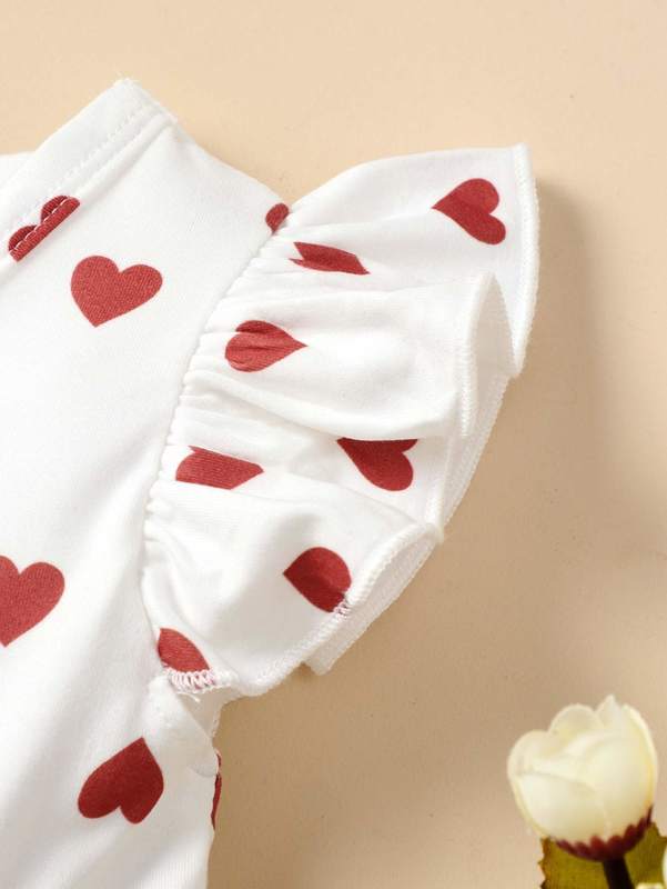 Baby Heart Print Ruffle Sleeve Bow Front Layered Hem Dress SHE