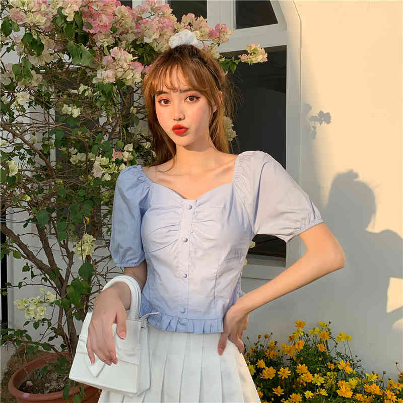 Blouse Women Blue Square Neck Puff Sleeve Crop Tops Short Sweet Fashion Girls Blusas Mujer Japan Style Preppy Solid 210429