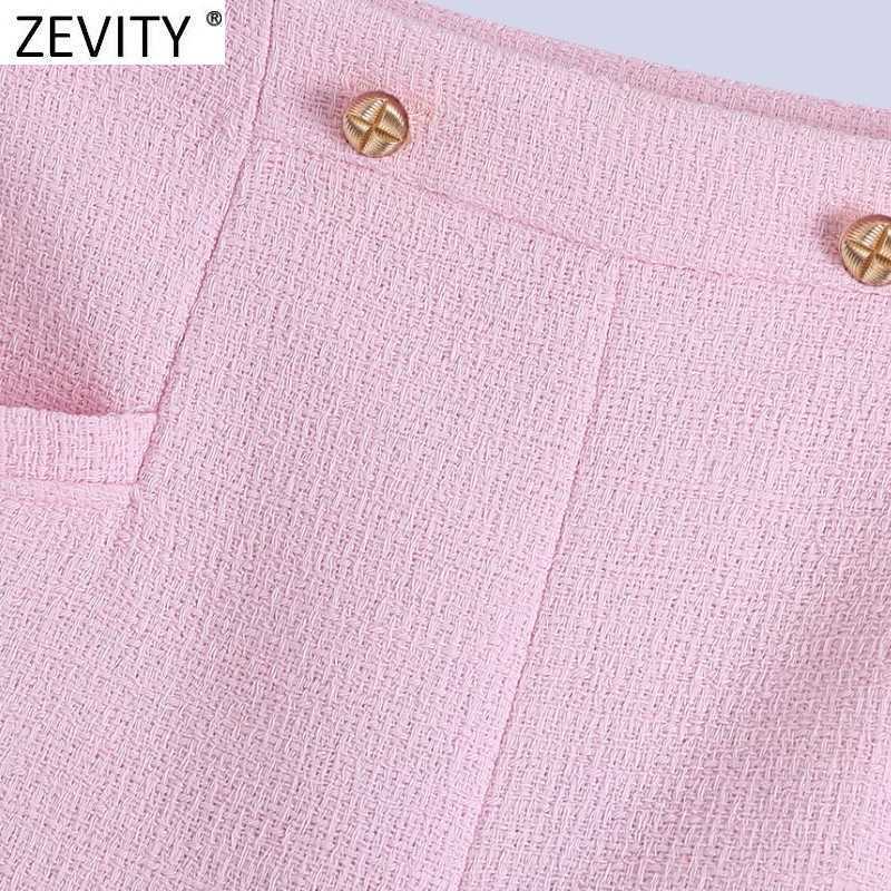 Zevity Women Fashion Button Decoration Pink Tweed Woolen Shorts Femme Streetwear Chic Side Zipper Pantalone Cortos P1019 210603