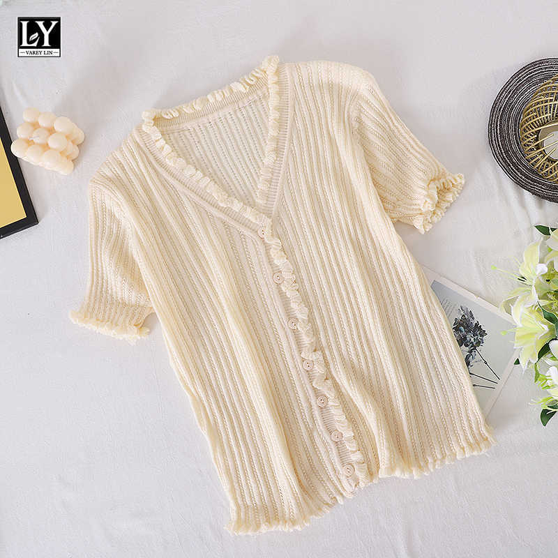 LY VAREY LIN Summer Women Fashion Edible Tree Fungus Short Sleeve Slim Tops Casual V-neck Single Breasted High Waist 210526