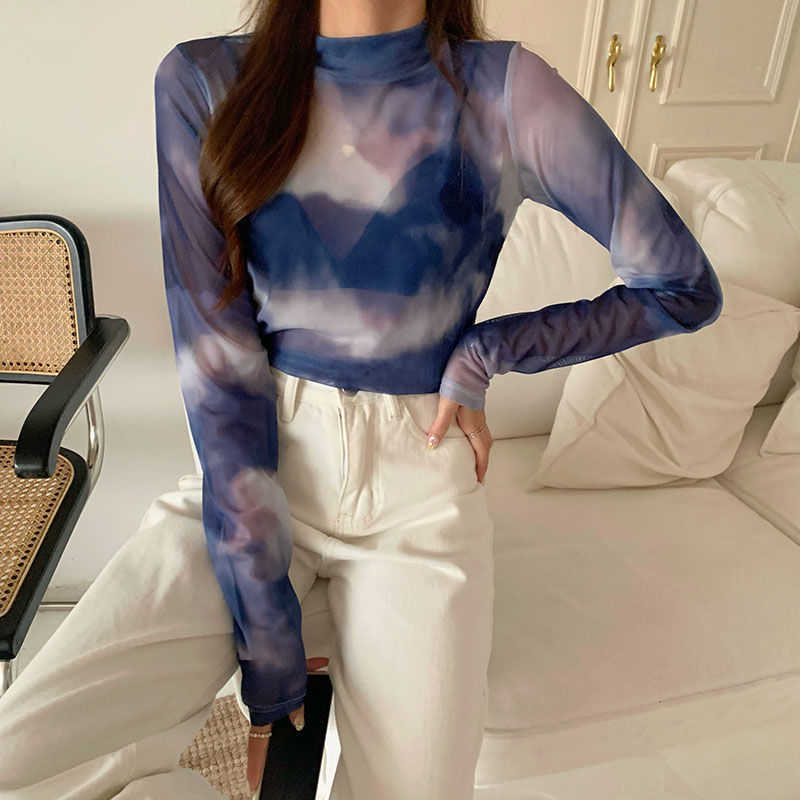 Yedinas Tie Dye Mesh Tops Sexy Turtleneck Summer T-shirt Women Spring See Through Long Sleeve Tshirts Y2k Fashion T Shirts 210527