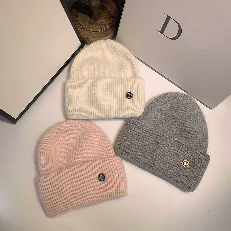 USPOP Women's Hats Winter Thick Warm Knitted Hats Solid Color Letter M Soft Rabbit Hair Skullies Beanies 211012