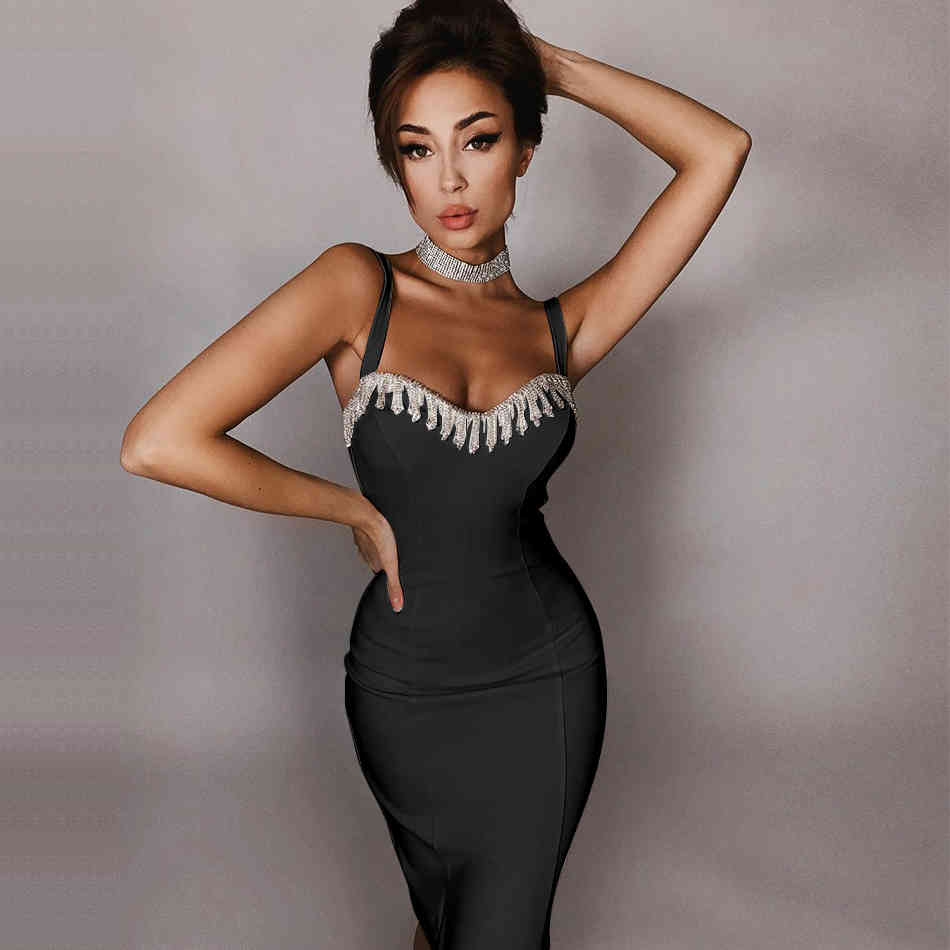 Summer Women Black Bodycon Bandage Dress Sexy Spaghetti Strap Sleeveless Tassel Party Celebrity Evening Club Dresses 210423