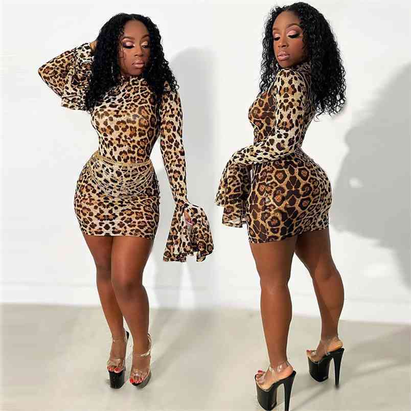 Women's Leopard Printed Mini Dress Spring O Neck Punk Fashion Slim Sexy Ladies Flare Long Sleeve Club Bodycon es 210522