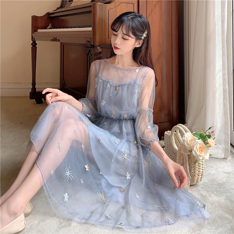Summer Women Sweet Princess Party Dress Sequined Embroidery Mesh 3/4 Sleeve Elegant Tulle Girl A Line 210519