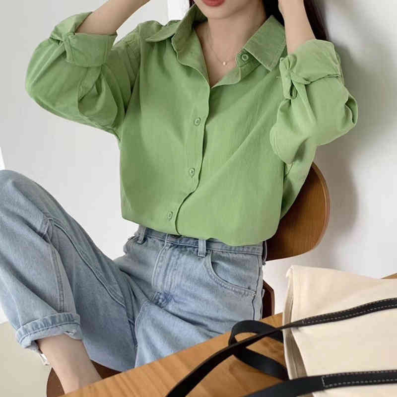 Early Autumn Korean Style Long Loose Retro Shirt Solid Color Sleeve Women Blouse Lazy Chemisier Femme 10320 210427