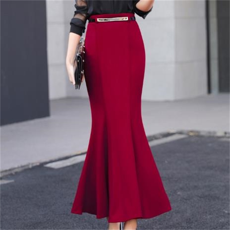 Autumn Winter package hip Vintage Long Mermaid Skirt Women Elegant office lady trumpet Skirts With Free Belt plus size 3XL 210619